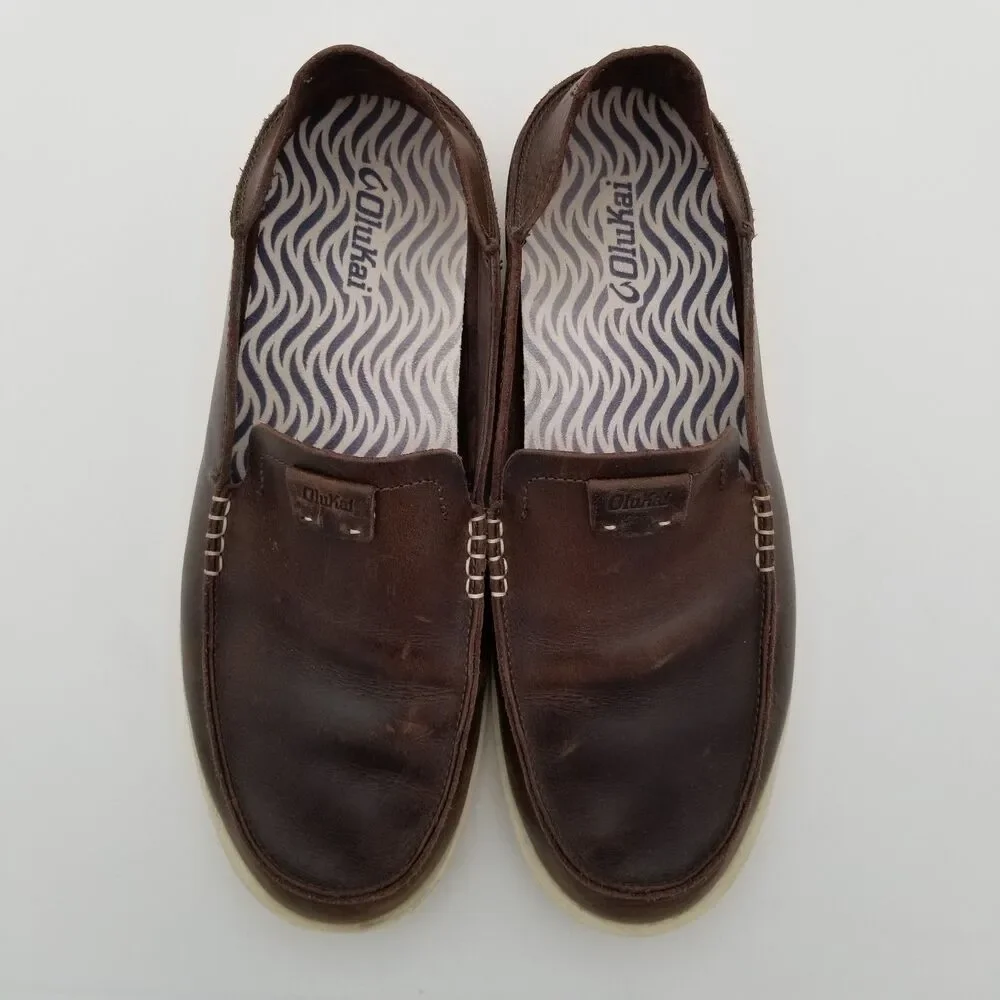 OluKai Kakaha Premium Leather Dark Java Brown Mens Slip-On Loafer Shoe Size 11.5